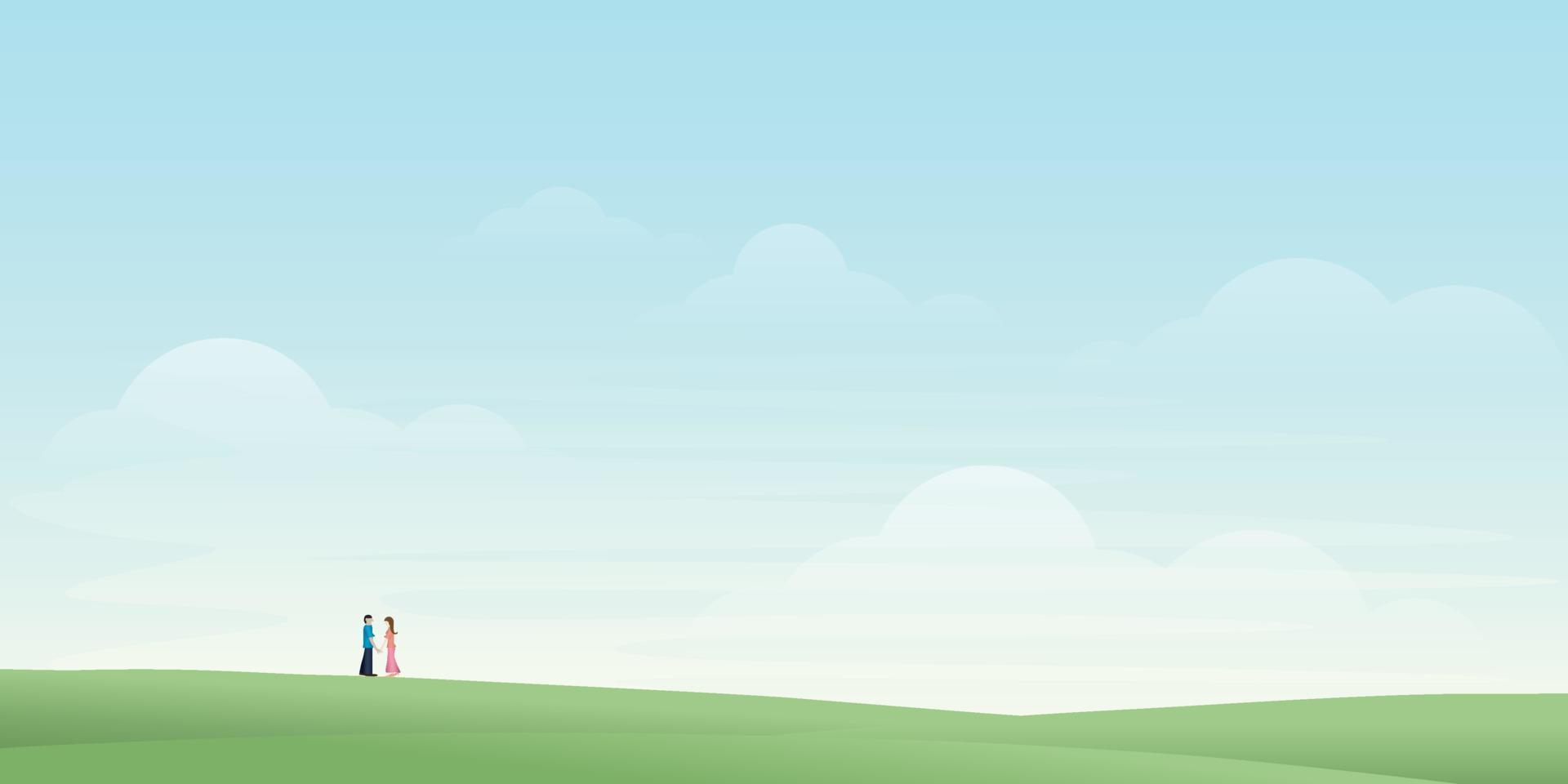 Couple of lover stay together on hill with blue sky background childish style vector illustration with blank space. Love concept doodle lines flat design.