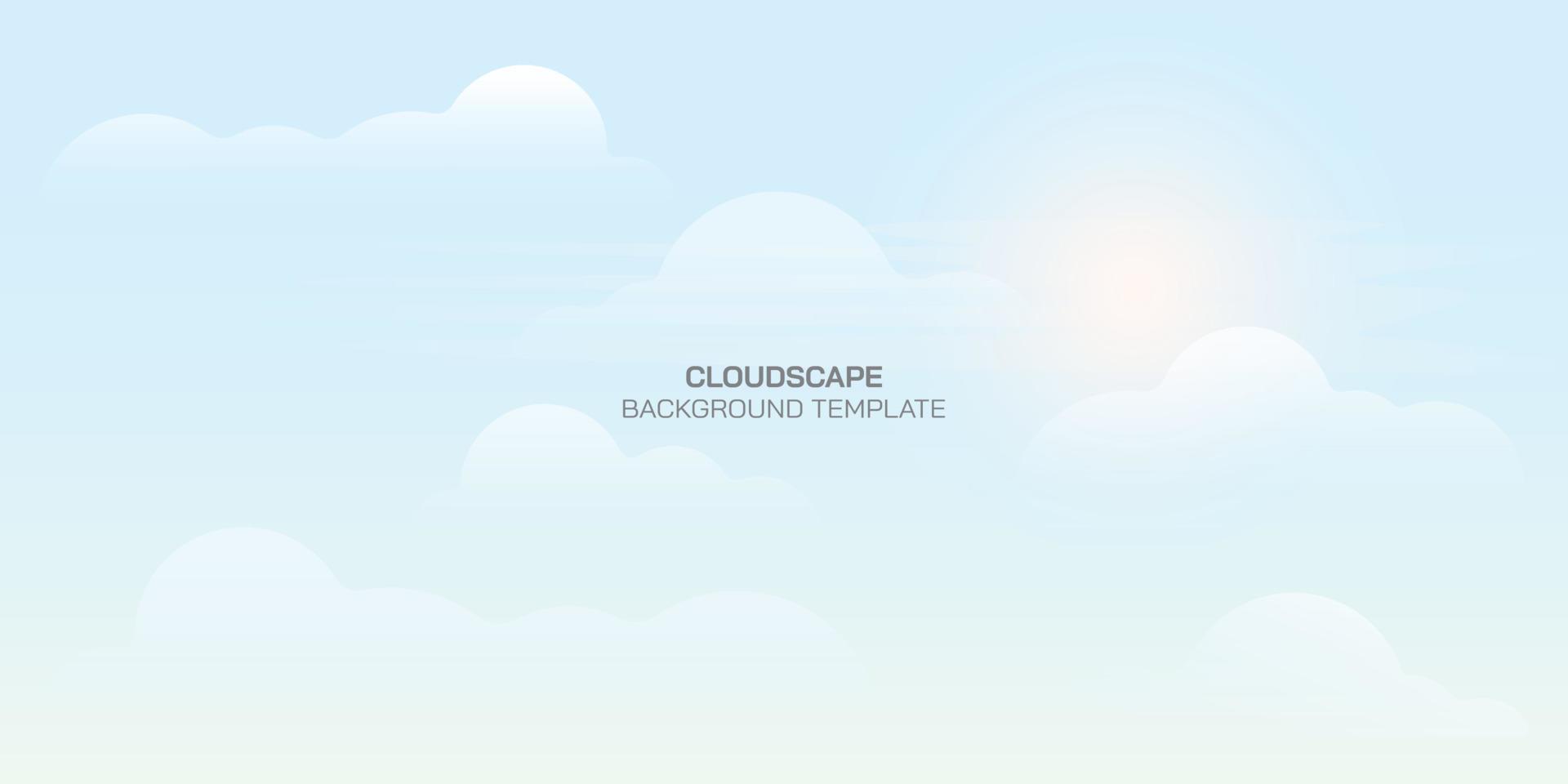 Blue sky with clouds and sunlight. Flat design background with shining sun and white fluffy clouds. Cloudscape bright weather in summer season. Sunny day sky scene cartoon vector illustration.