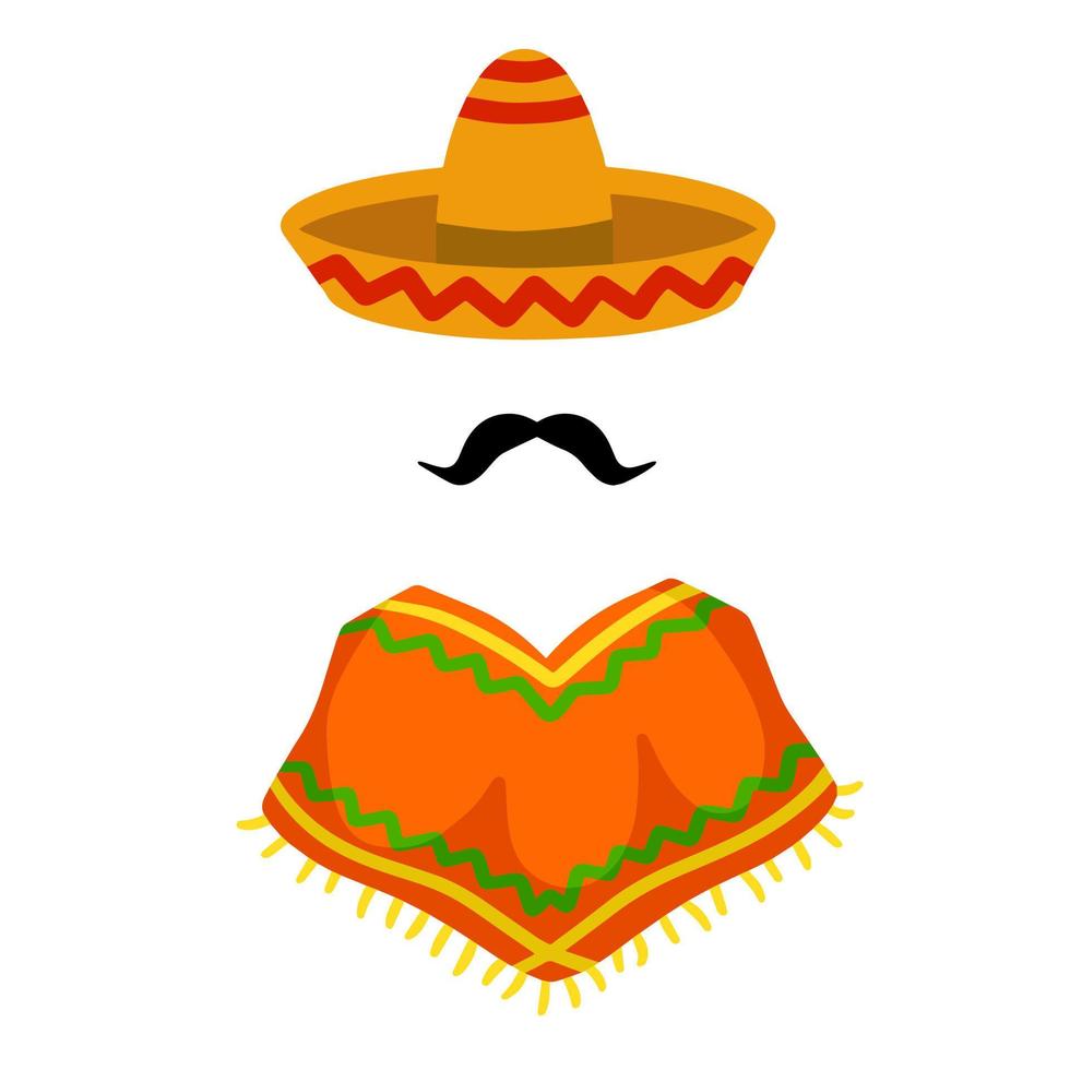 Poncho. Red and orange Mexican Cape. National dress. Latin costume. Sombrero hat and mustache. Flat cartoon isolated on white vector