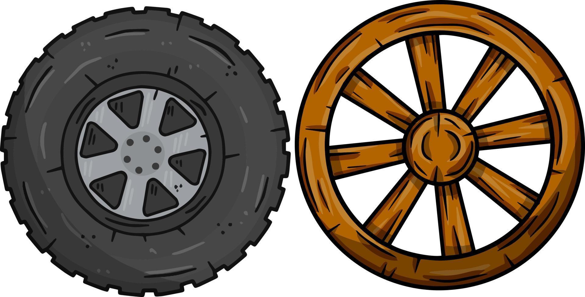 Old wooden cartwheel with crack and new modern auto wheel with tire. Comparison of technologies. Village and road element. Cartoon illustration vector