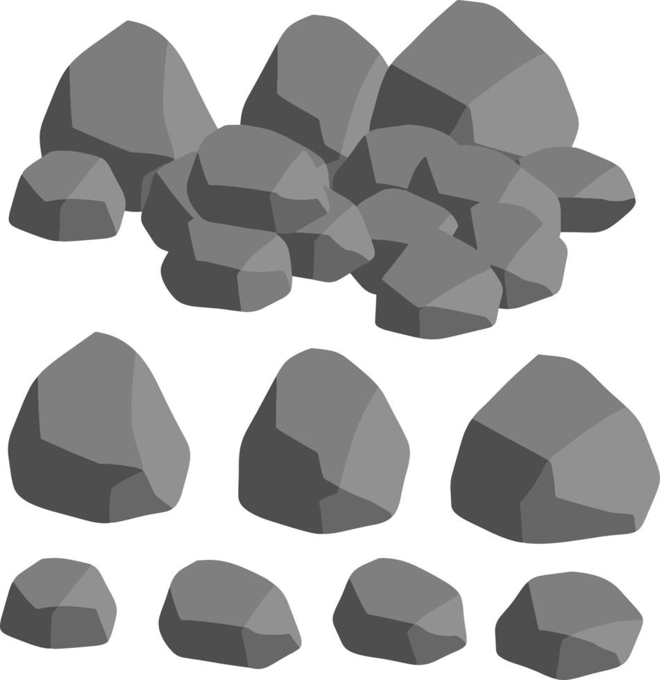 Set of stones. Pile of cobblestones. Gray geological minerals. Heavy wall construction material. Large blocks vector