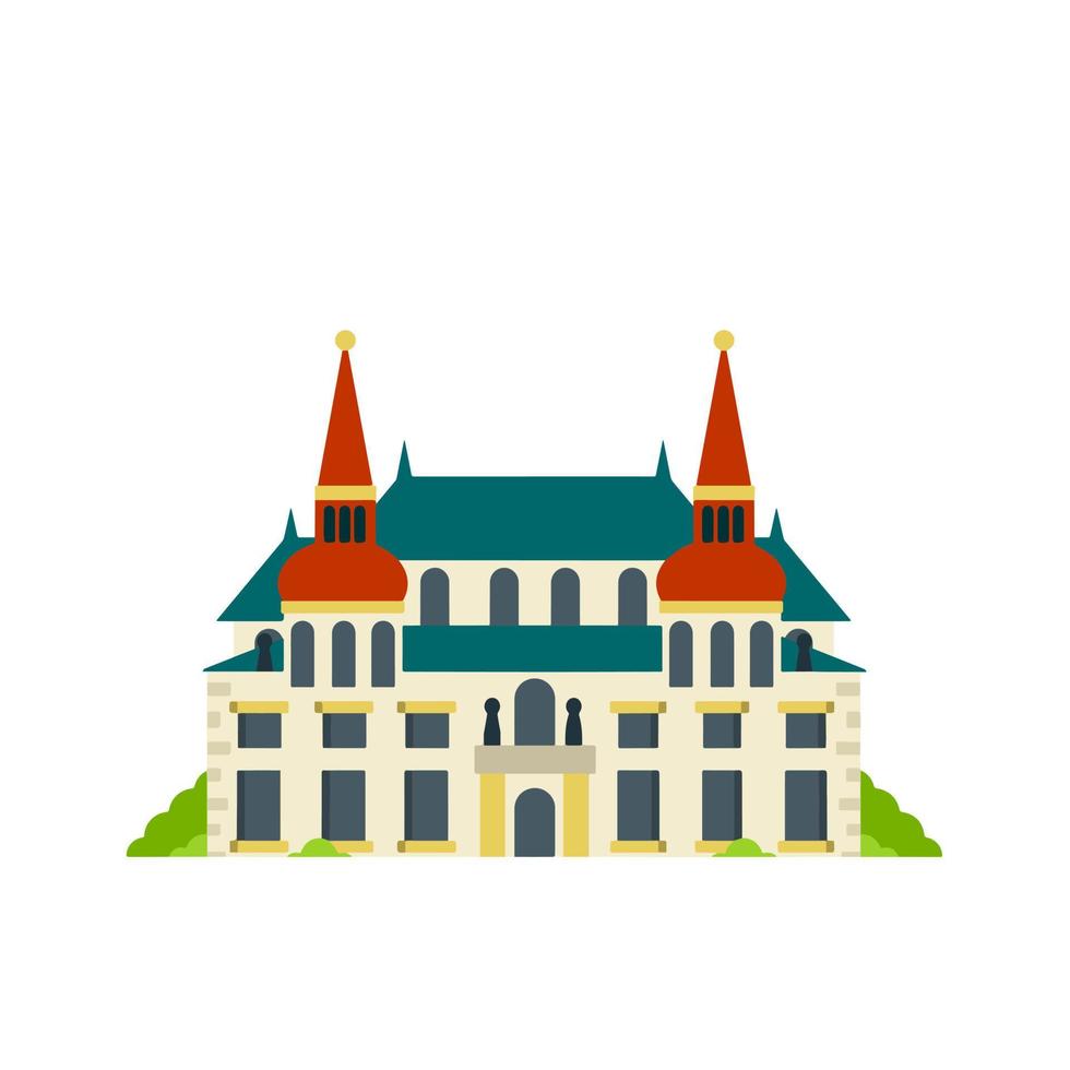 Loreta. Prague tourist attraction. Czech architecture. Travel to Europe. Christian Church and Palace. Old town. Beautiful house and building. Baroque style. Flat cartoon vector