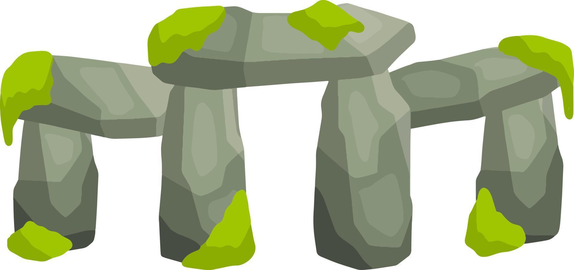 Stonehenge. Inglés punto de referencia. estructura es hecho de antiguo piedras histórico lugar, bloquear y cantos rodados plano dibujos animados. verde musgo y césped. religioso megalito de primitivo hombre vector