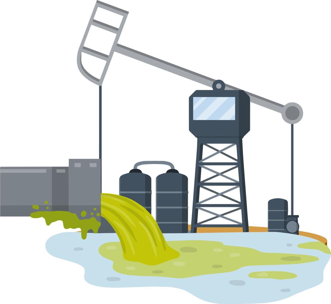 Industrial discharge from the pipe. Pollution of nature and ecology. Modern problem. Green stream in the river. Chemical waste. Cartoon flat illustration. Oil rig vector