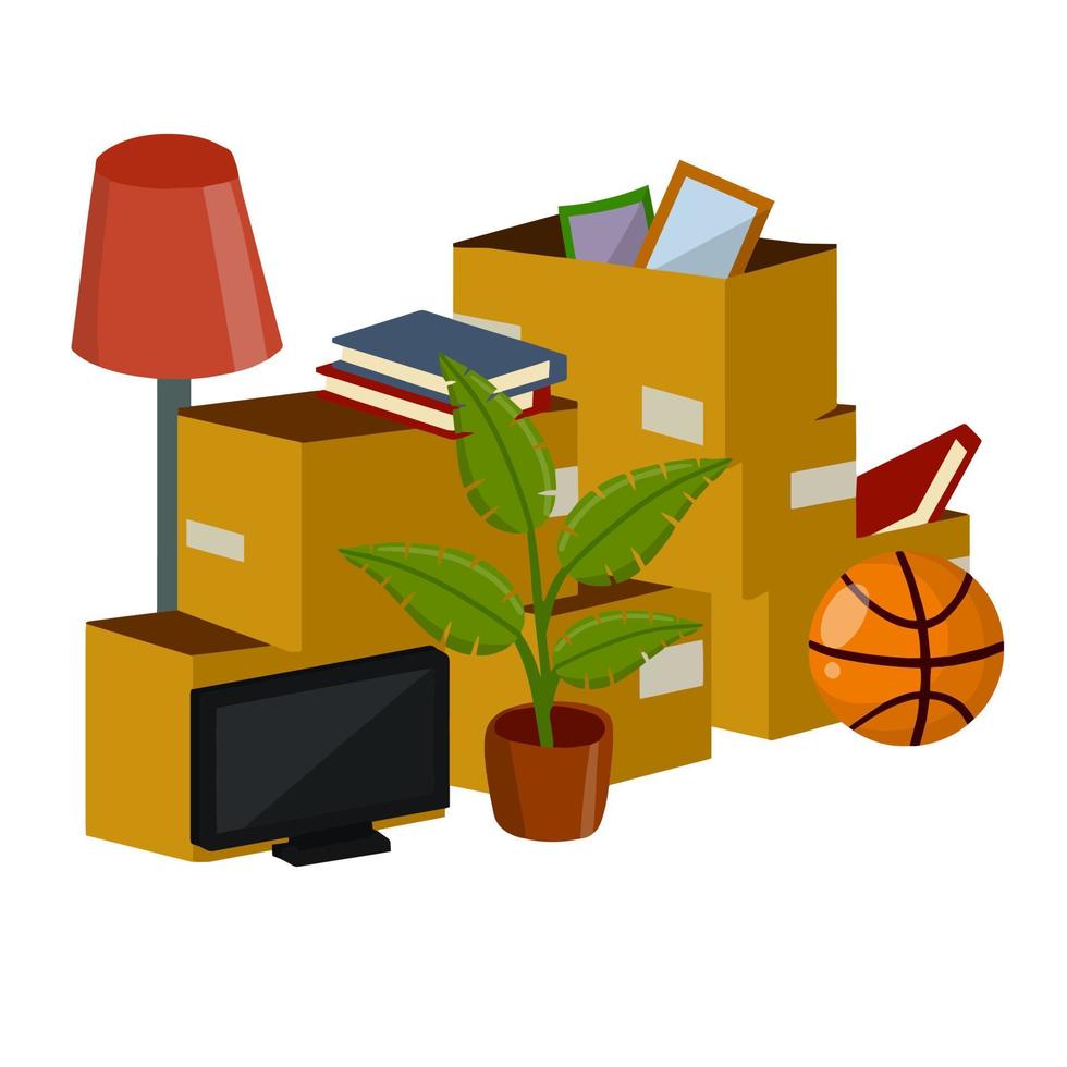 Moving to new house. Cardboard boxes with household items. Pile of Many things. Packed books, TV, lamp, ball and plant. Transportation and relocation. Flat cartoon vector