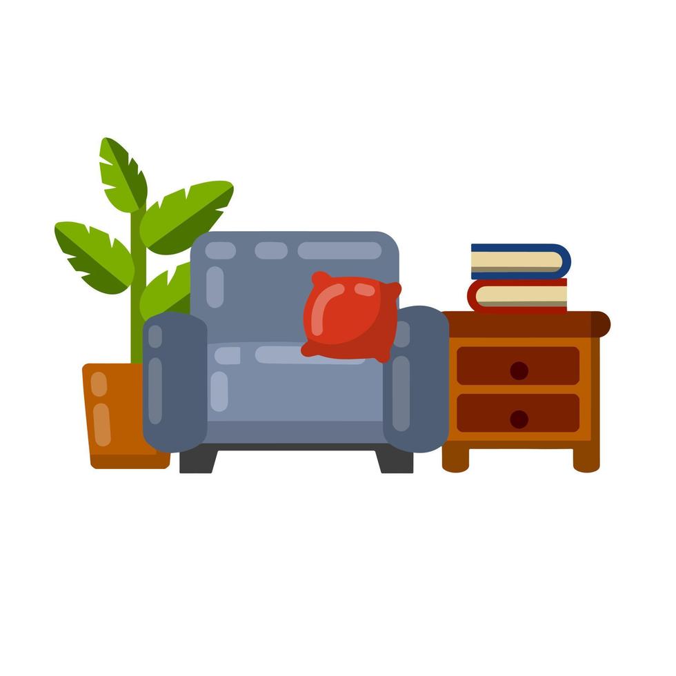 Chair, table with book and plants. Furniture in a cozy room. Brown armchair. blue pillow. Soft seat. place to read and relax. Cartoon flat illustration vector