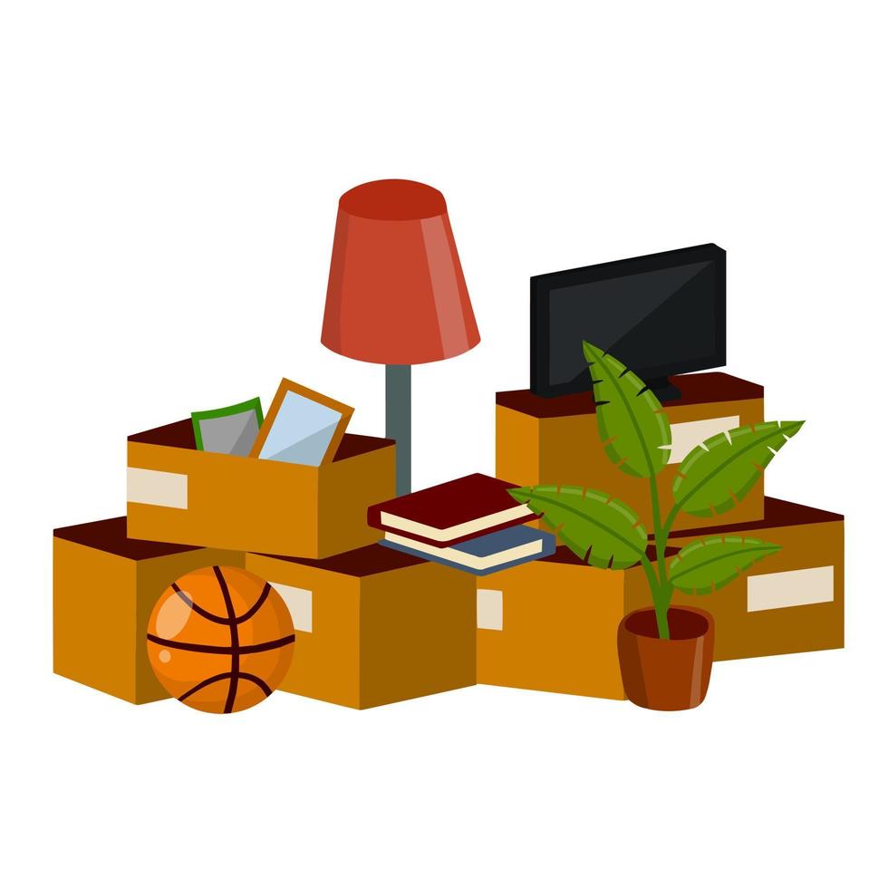Moving to new house. Packed books, TV, lamp, ball and plant. Transportation and relocation. Flat cartoon. Cardboard boxes with household items. Pile of Many things vector