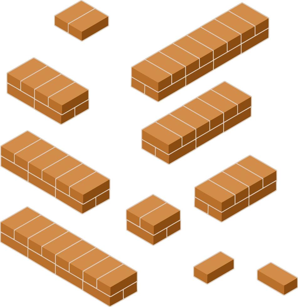 Set of red brick fence in isometric view. Material for renovation of house and curb of road. Construction of buildings. Low barrier and fence vector