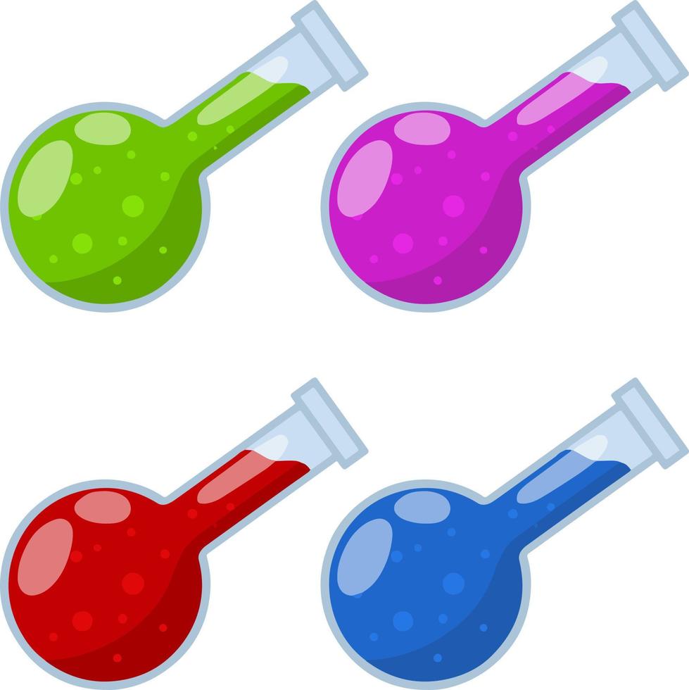 Chemical flasks with colored liquids. Green, pink, red, blue water in test tube. Medical tests. Cartoon flat illustration. Scientific acid. Magic, witchcraft and alchemy vector