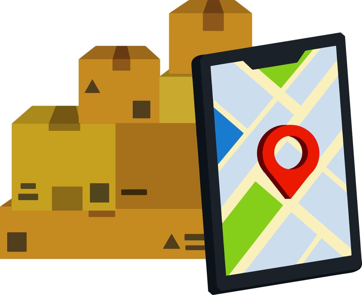 Pile of packages. Mobile phone with city map and pin. Delivery route. Concept of mail Apps. Cartoon flat illustration vector
