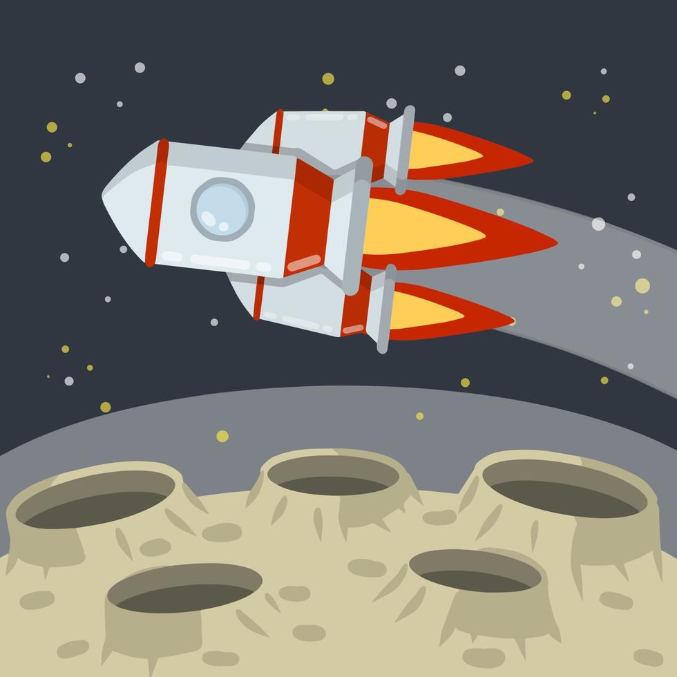 Landing and launching a rocket on the asteroid landscape. Stars and space flight. Moon. Lunar surface with craters and dust. Space planet vector
