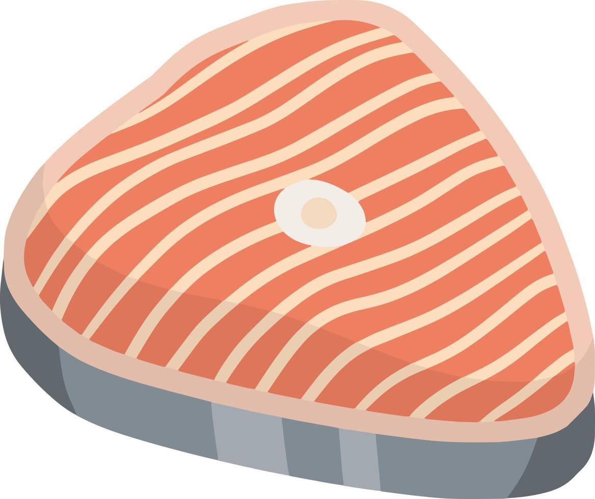 Piece of red salmon fish meat with pink stripe. Raw Seafood. Cut off part. Slices with grey skin. Kitchen and meal element. Cartoon illustration. Food for Cooking sushi vector