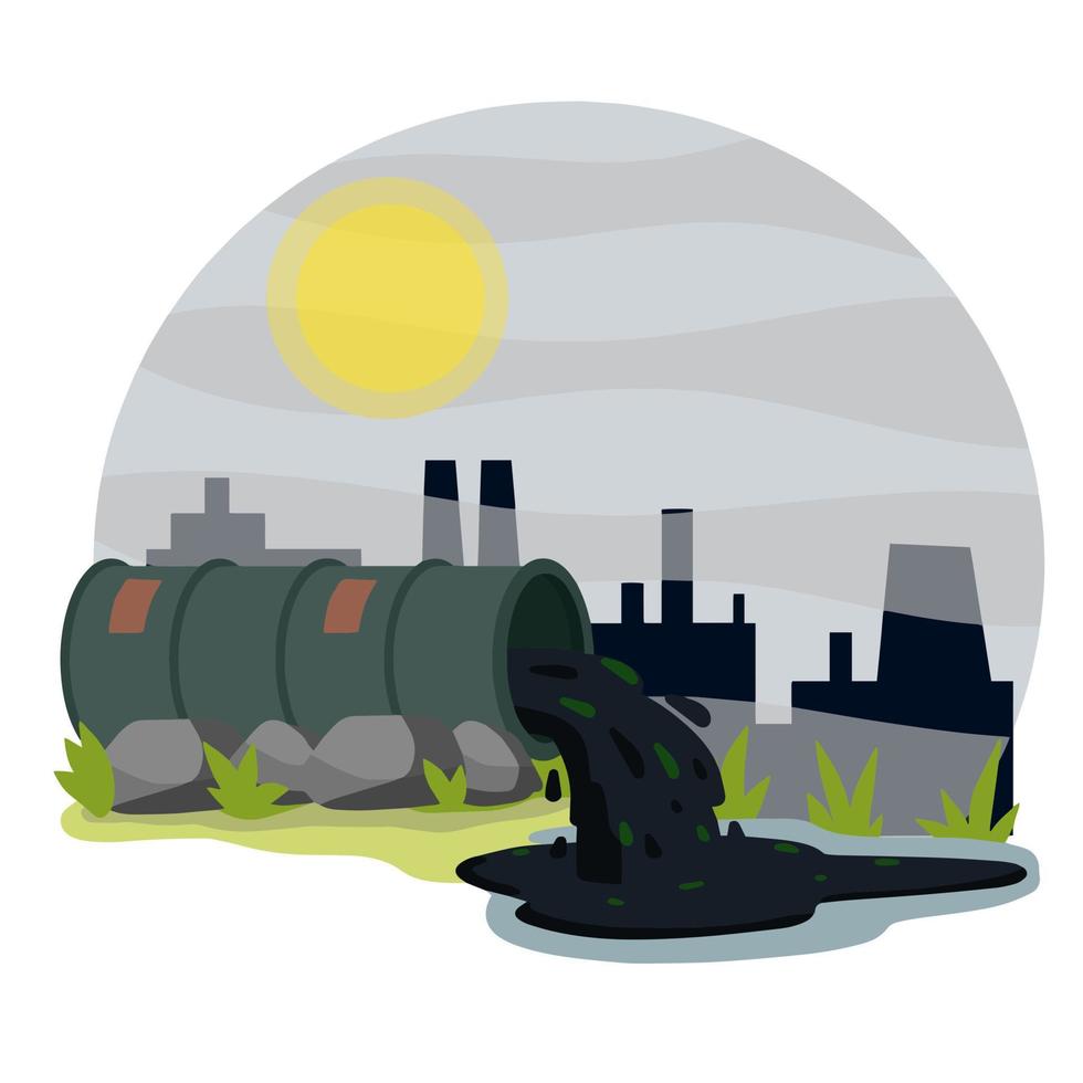 Industrial discharge from pipe. Pollution of nature and ecology. Plant and pipe with smoke. Green stream in the river. Modern problem. Chemical waste. Cartoon flat illustration vector