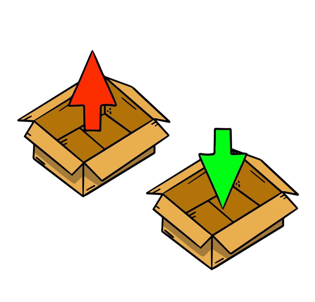 abierto caja. conjunto de cartulina contenedores un vacío paquete. paquete o empaquetar y correo. rojo y verde flecha para embalaje y desempacar esquema de acción. vector