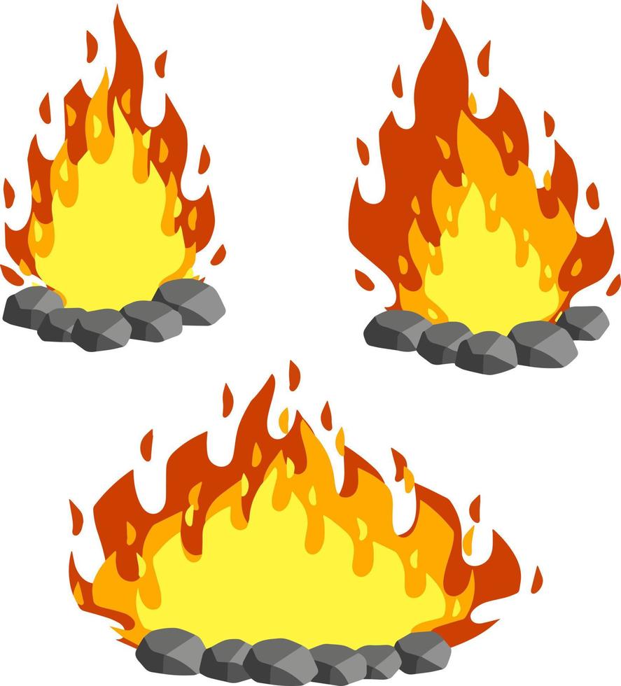 Red campfire. Orange flame. Tourist bonfire. Element of a hike. Heat and hot object. Fire lined with stones. Cartoon flat illustration vector