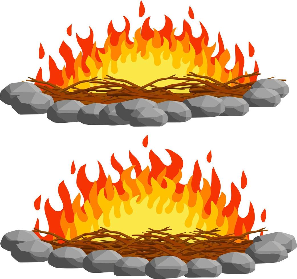 Red campfire. Orange flame. Tourist bonfire. Element of a hike. Heat and hot object. Fire lined with stones. Cartoon flat illustration vector