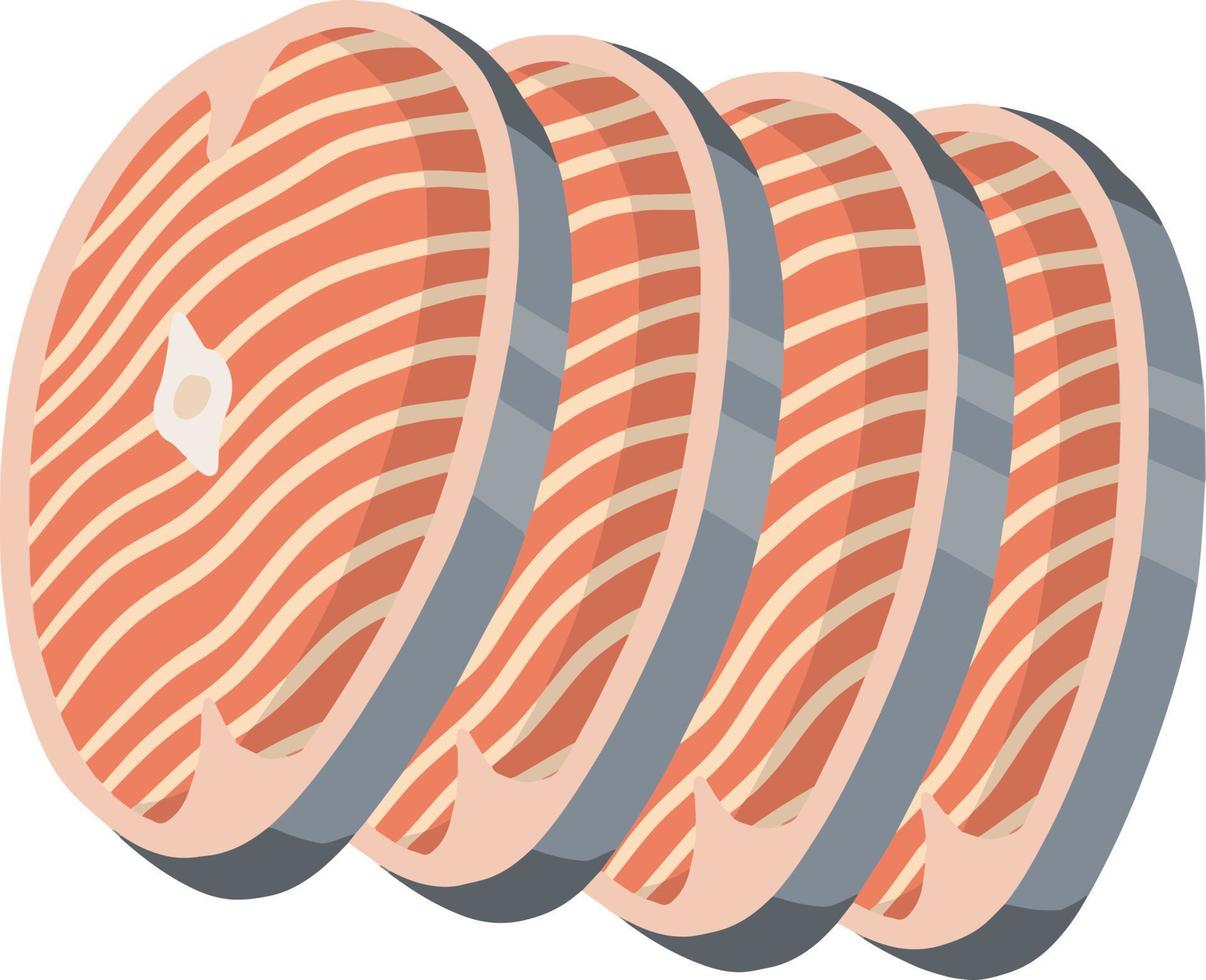 Piece of red salmon fish meat with pink stripe. Raw Seafood. Cut off part. Slices with grey skin. Kitchen and meal element. Cartoon illustration. Food for Cooking sushi vector