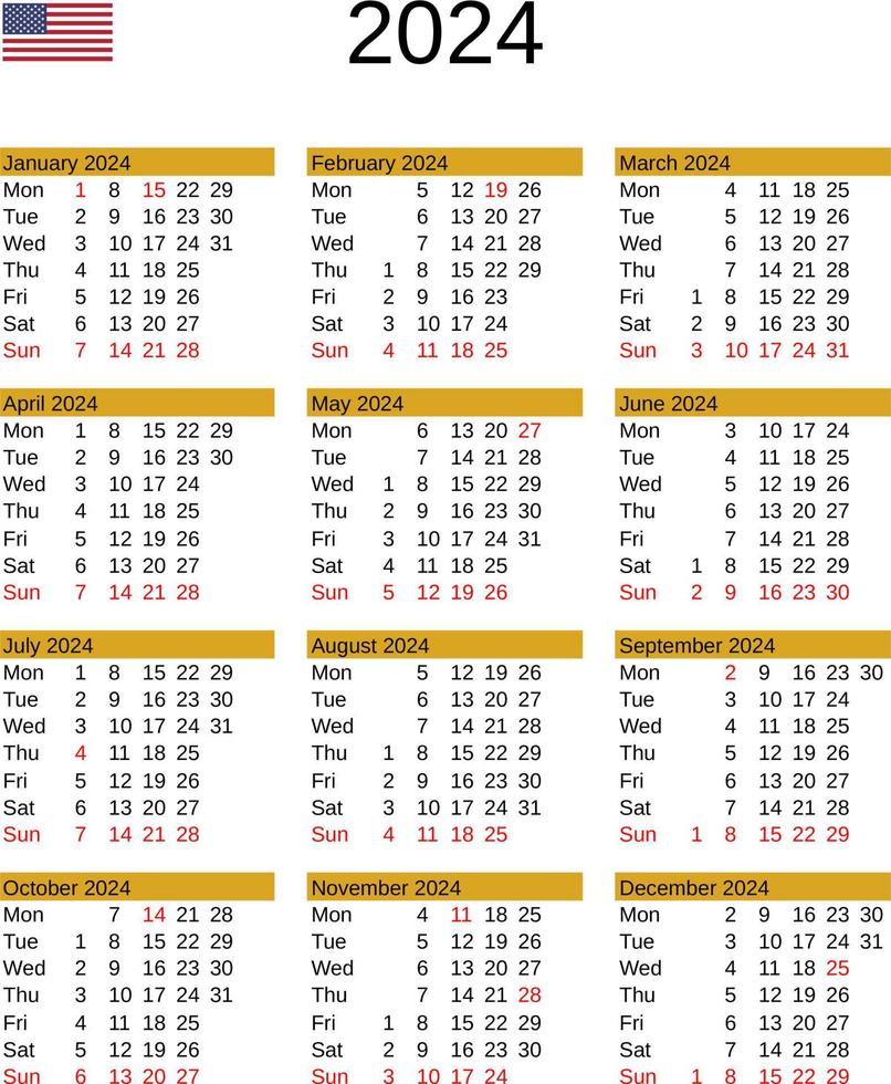 year 2024 calendar in English with United States holidays 23083875