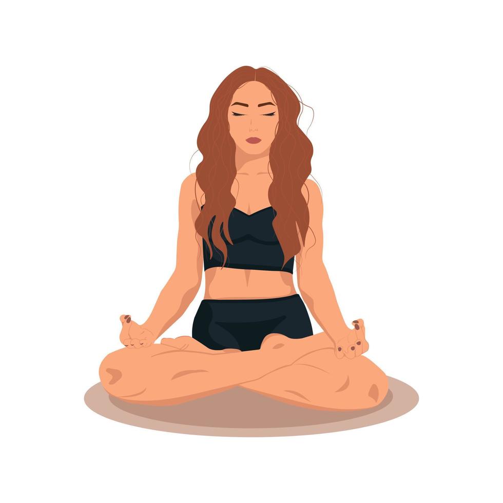 Young woman is doing yoga, practicing meditation and in the lotus position on the mat. Female character practices yoga and meditation.Faceless in beige and design room. without background vector