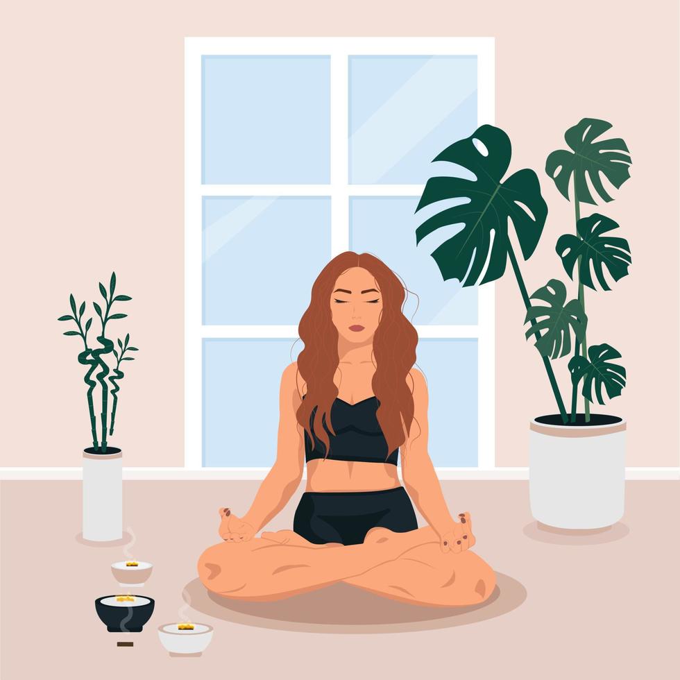 joven mujer es haciendo yoga, practicando meditación y en el loto posición en el estera. hembra personaje practicas yoga y meditacion.sin rostro en beige y diseño habitación. vector