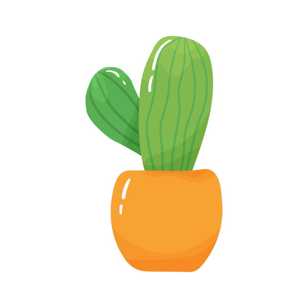 Cartoon potted houseplant - cute green cactus with spikes in orange pot. Isolated on white background. vector