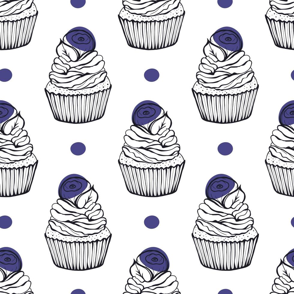 Seamless pattern with blueberry dessert. Doodle hand drawn blueberry cupcake with cream and berries in a seamless pattern on a white background vector