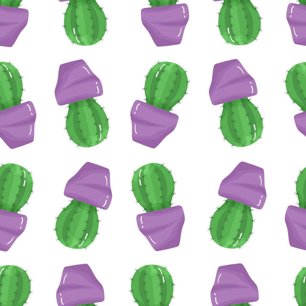 Seamless pattern with cartoon potted houseplant - cute green cactus with  spikes in a purple pot on white background. vector