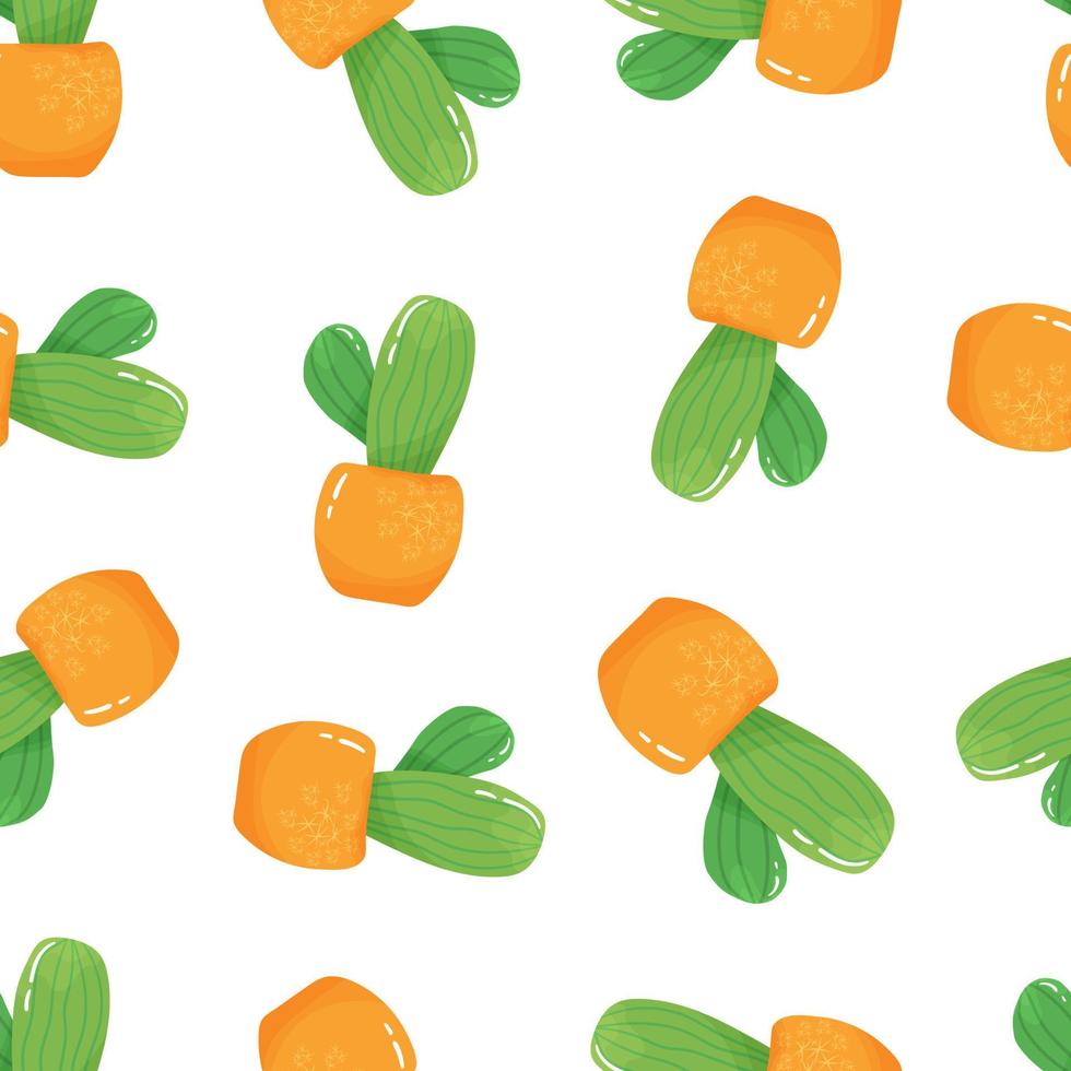 Seamless pattern with cartoon potted houseplant - cute green cactus with  spikes in orange pot on white background. vector