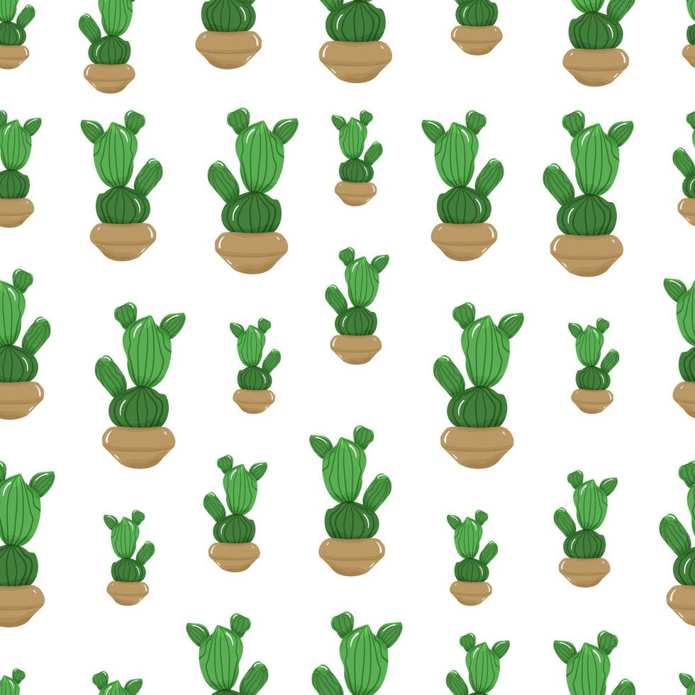 Seamless pattern with cartoon potted houseplant - cute green cactus with spikes in a beige brown pot on white background. vector