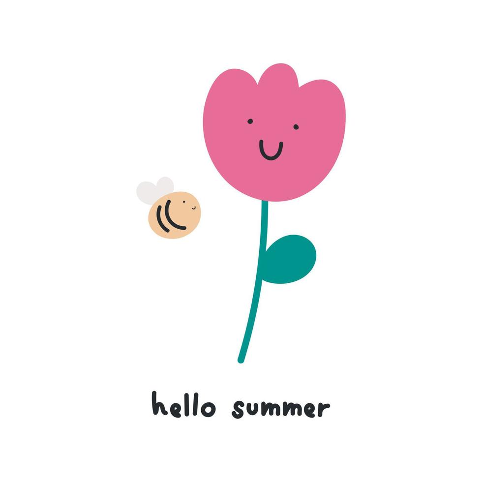 Summer vector print with flower and bee. For posters, banners, books, printing on the pack, clothes, fabric, wallpaper, textile or dishes.