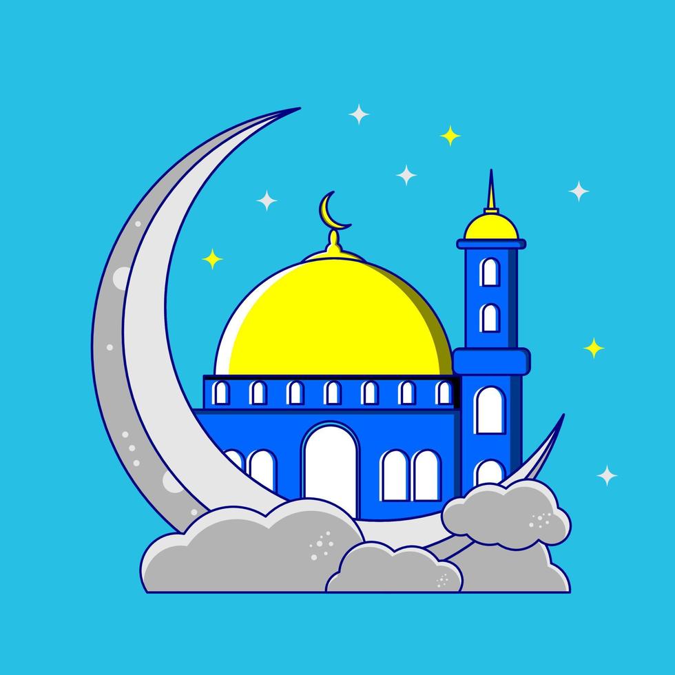 Mosque and crescent moon on blue background. Vector illustration.