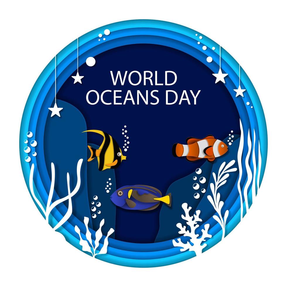 Paper art world ocean day banner set with salt water fish. Underwater world page layout. Vector illustration.