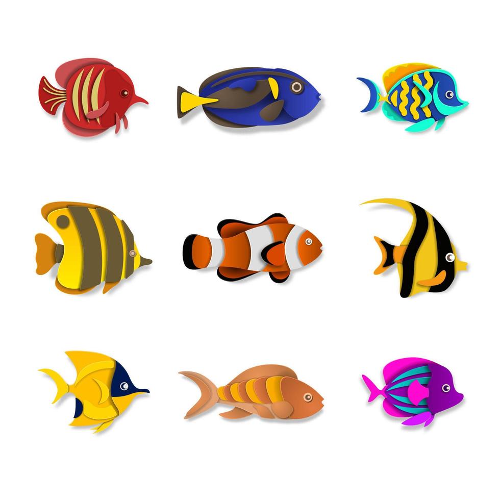 Colorful aquarium fish set vector paper cut style isolated. Tropical fishes collection bundle.