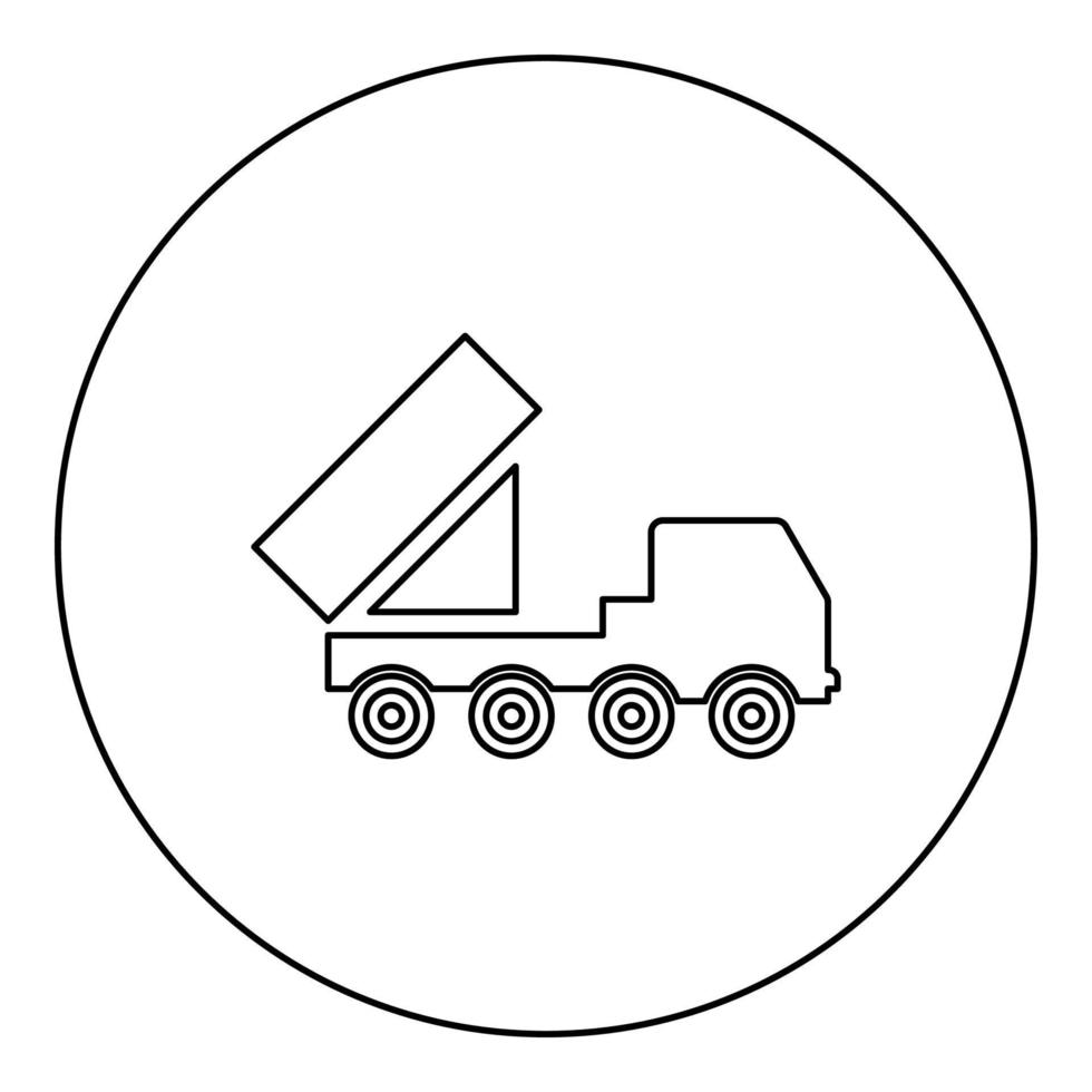 Reactive system volley fire salvo artillery American multiple launch on wheeled chassis high mobility army military truck air defense anti aircraft icon in circle round black color vector