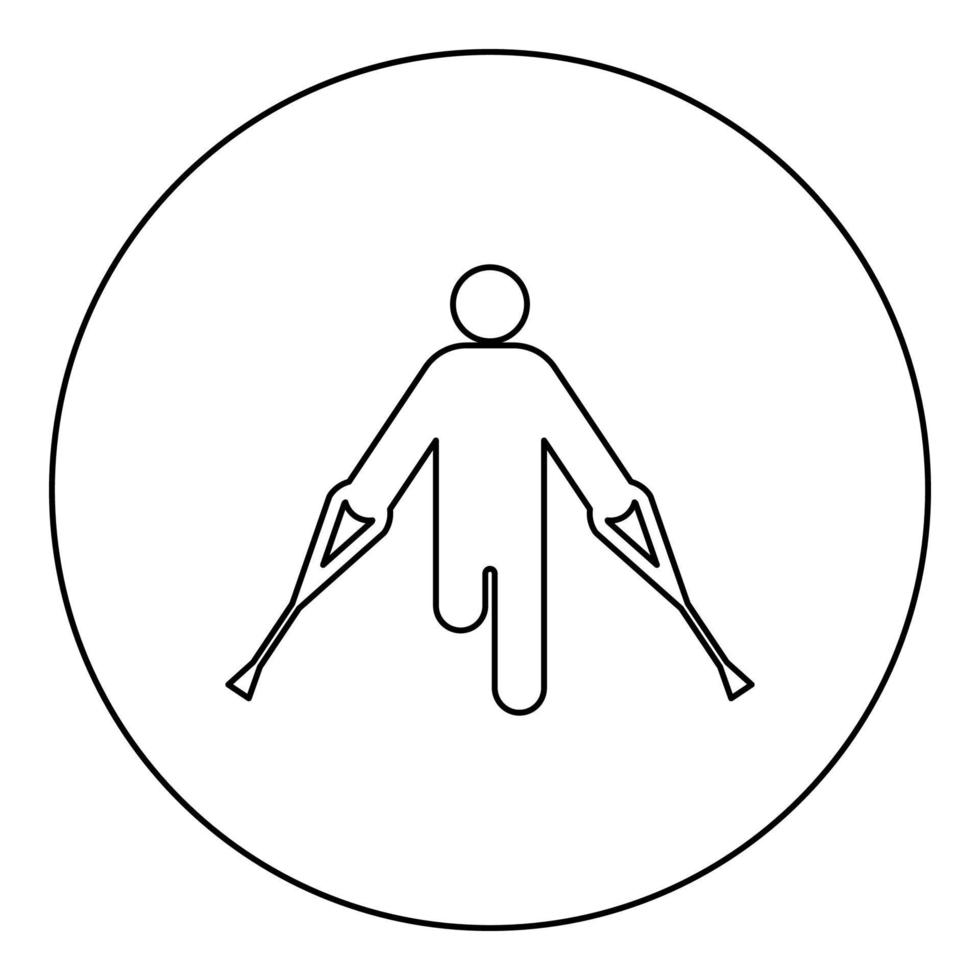 Man with broken leg crutch cane gypsum foot stick using sticks person crutches trauma concept icon in circle round black color vector illustration image outline contour line thin style