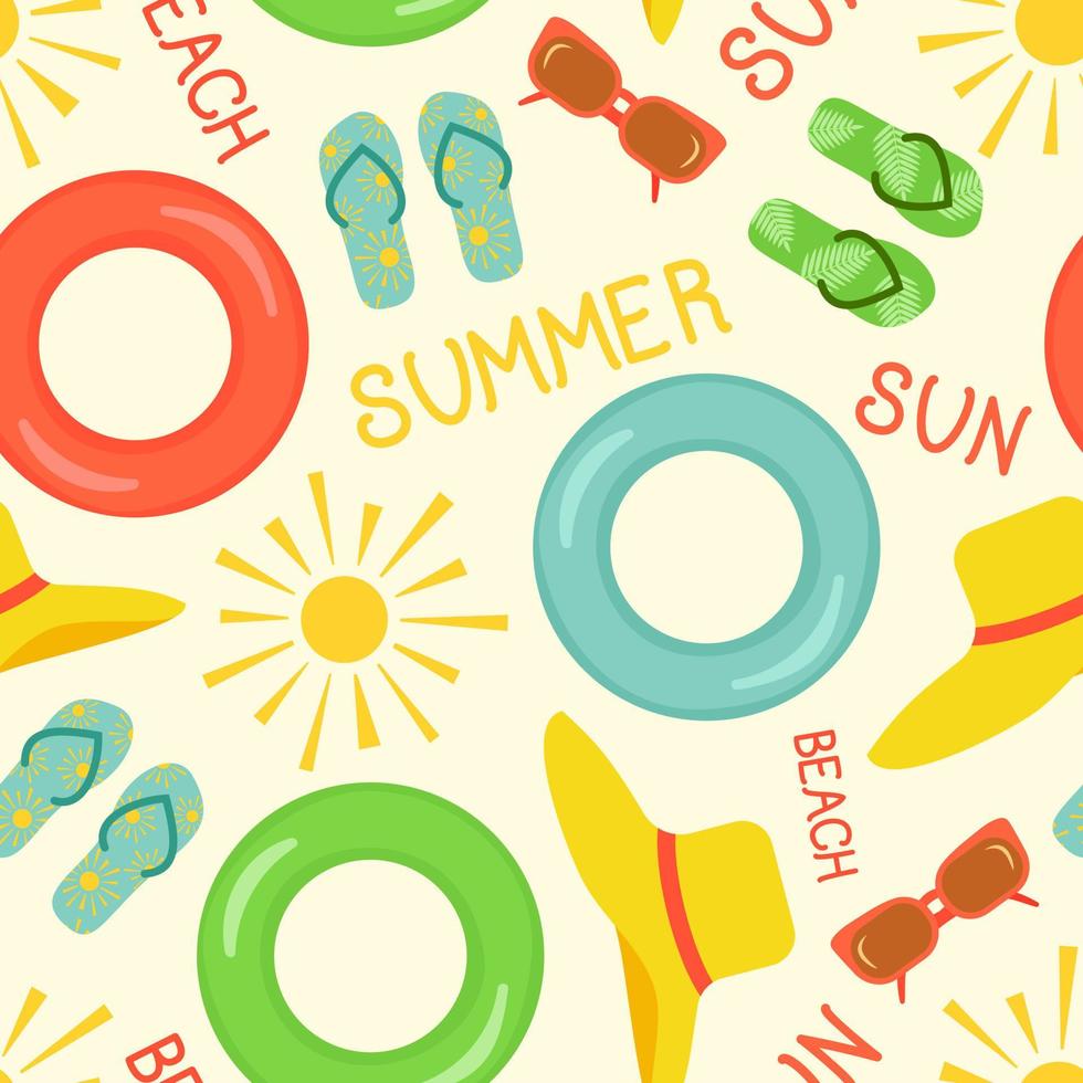 Vector seamless pattern. Summer background. Summer, sun, beach. Beach accessories.