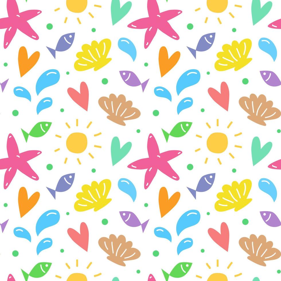 Seamless pattern with sea beach elements. Vector illustration, doodle style. Summer colorful background. Drawing of starfish and shells, fishes, splashes of water.