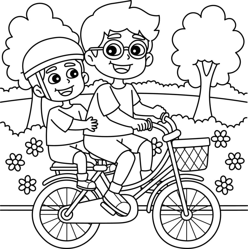 padre y hijo montando un bicicleta colorante página vector