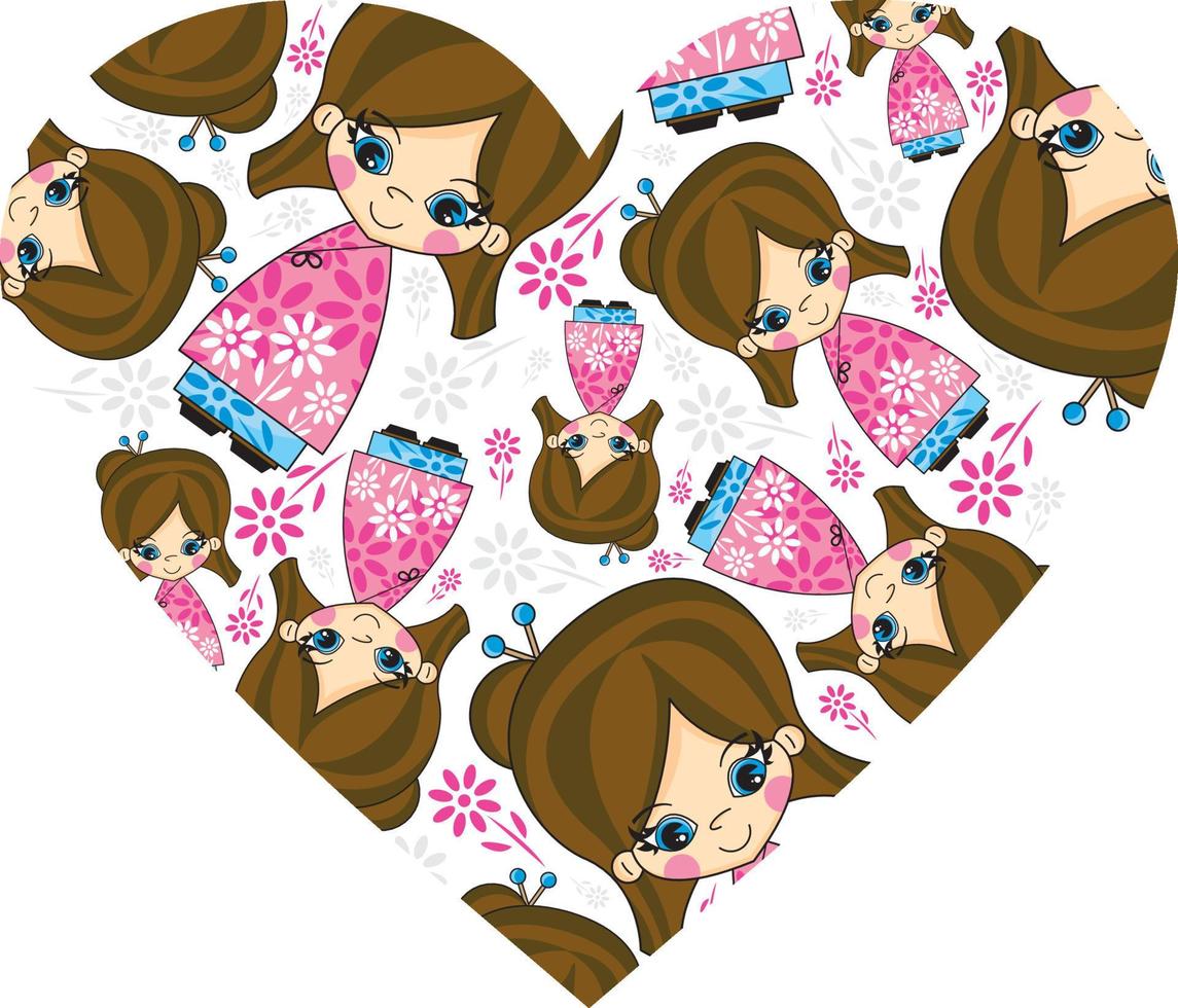 Cute Cartoon Japanese Geisha Girl Pattern in Heart Illustration vector