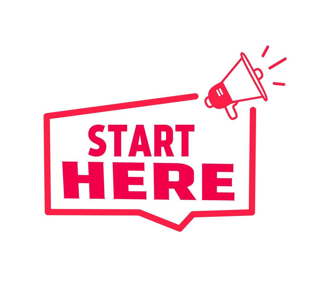 Start here badge icon vector design with megaphone. Web element.
