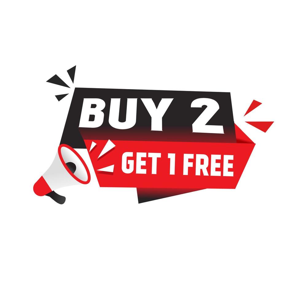 Buy 2 get 1 free banner design, megaphone icon. Marketing, advertising sale promotion, online shop or store. Vector illustration.