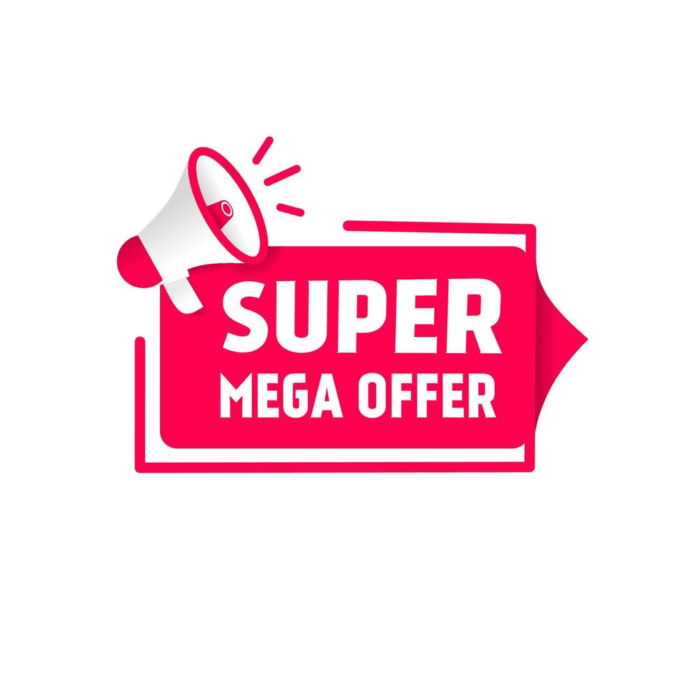 Super mega offer banner megaphone icon. Web element. flat Vector design template.