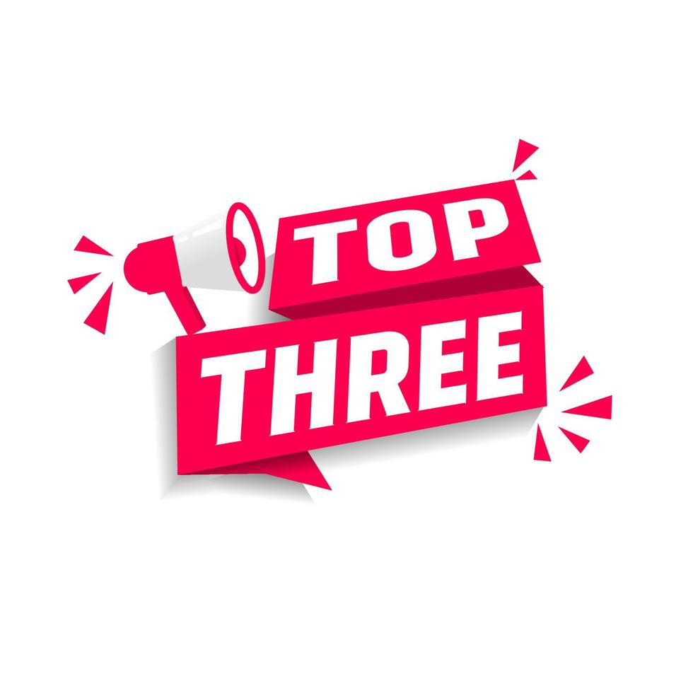 Top three banner with megaphone icon flat design template. Web elements, vector illustration isolated on white background.