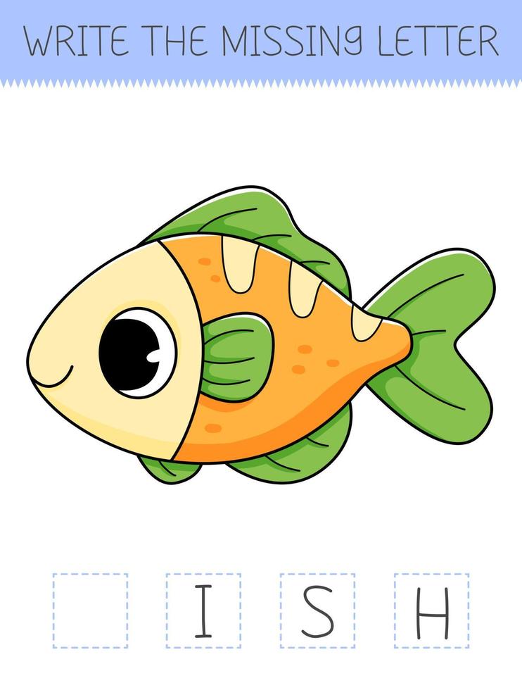 Write the missing letter is an educational game for kids with fish. Cute cartoon fish. Practicing English alphabet. vector