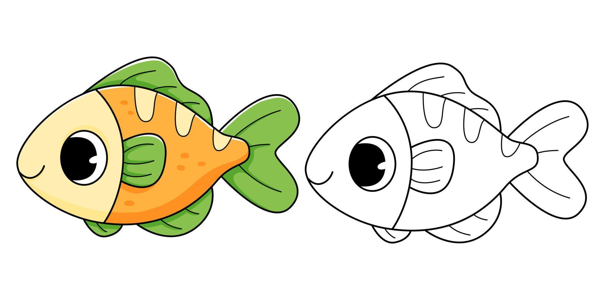 Fish coloring book with coloring example for kids. Coloring page with fish. Monochrome and color version. children's illustration vector