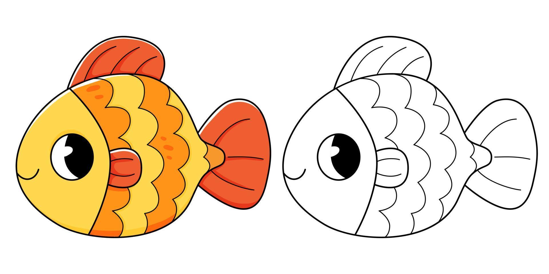 Goldfish coloring book with coloring example for kids. Coloring page with fish. Monochrome and color version. children's illustration vector