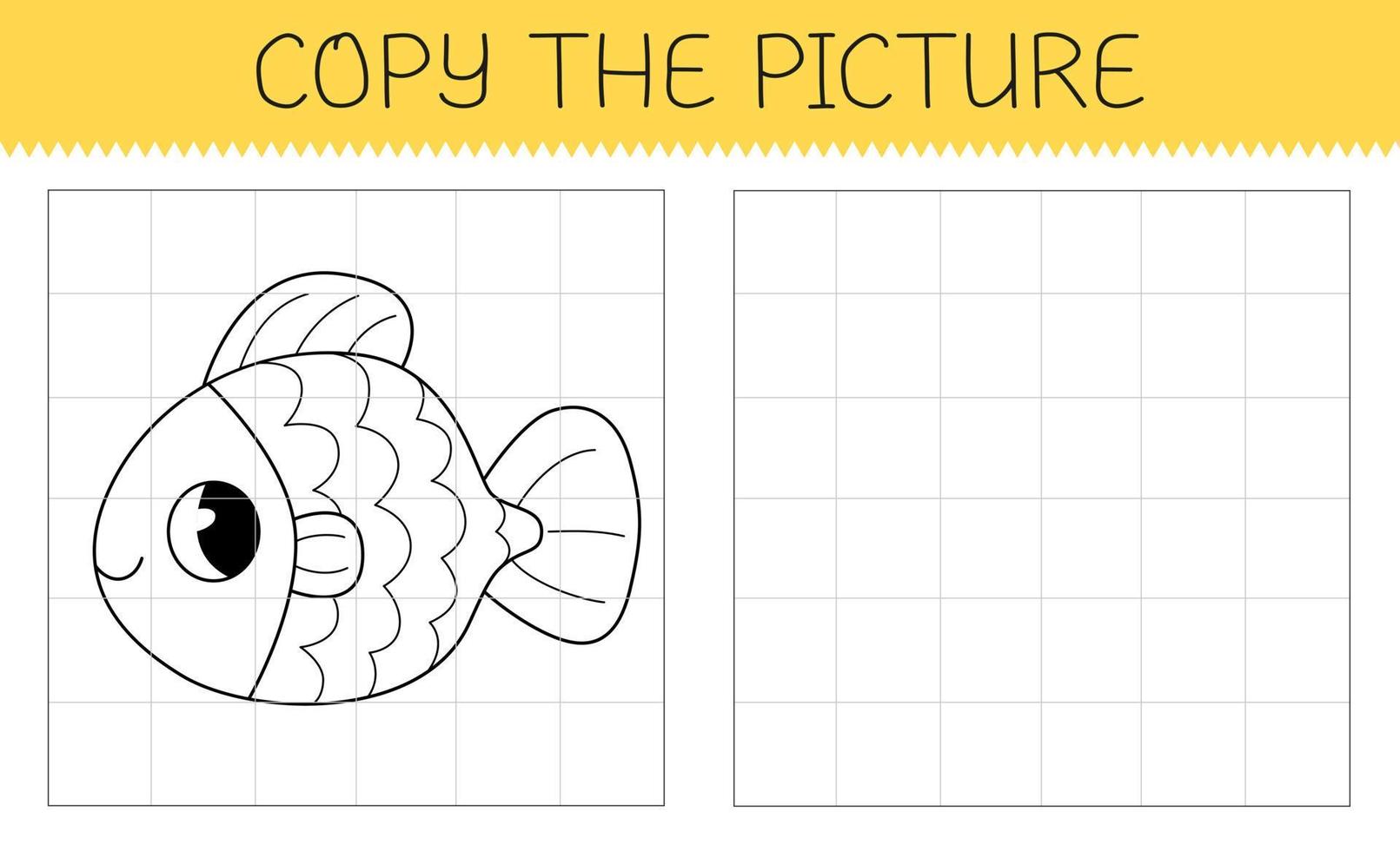 Copy the picture is an educational game for kids with goldfish. Cute cartoon fish coloring book. vector
