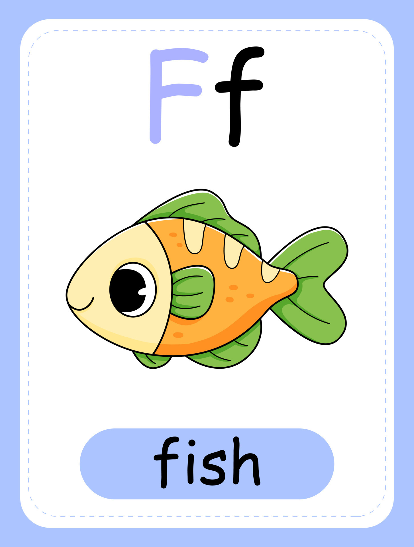 Alphabet card for children with the letter F and fish. Educational card