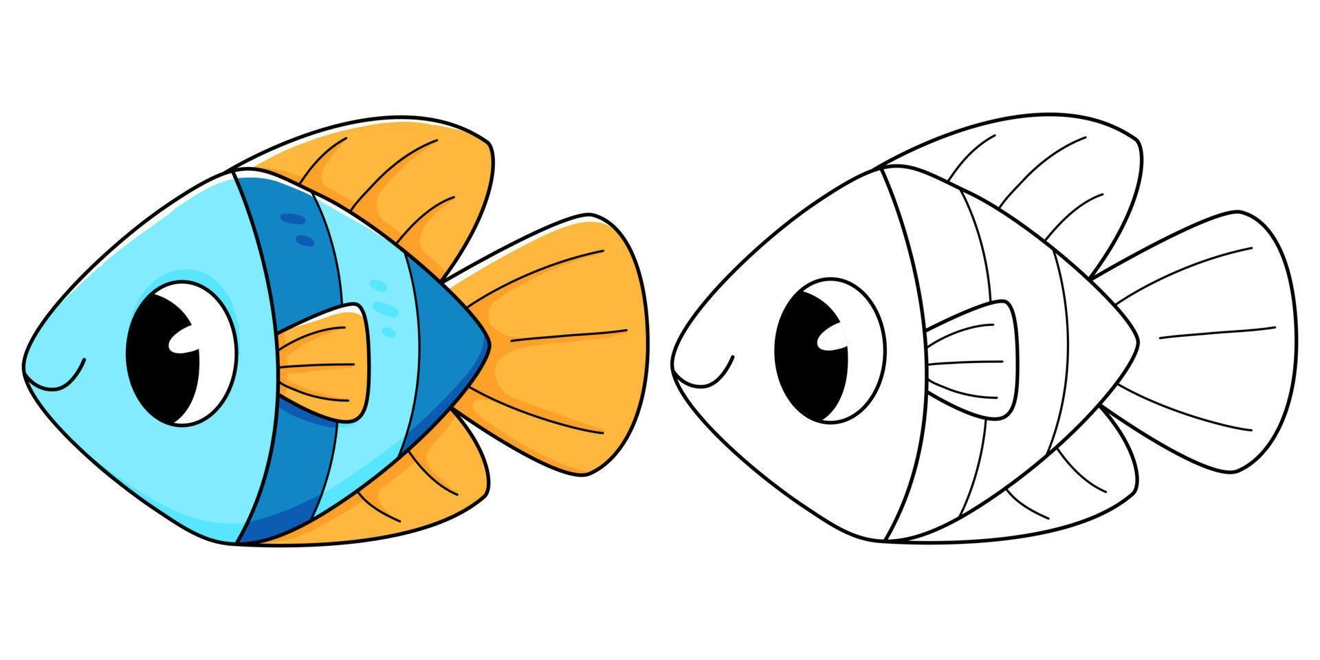 pescado colorante libro con colorante ejemplo para niños. colorante página con azul pez. monocromo y color versión. para niños ilustración vector