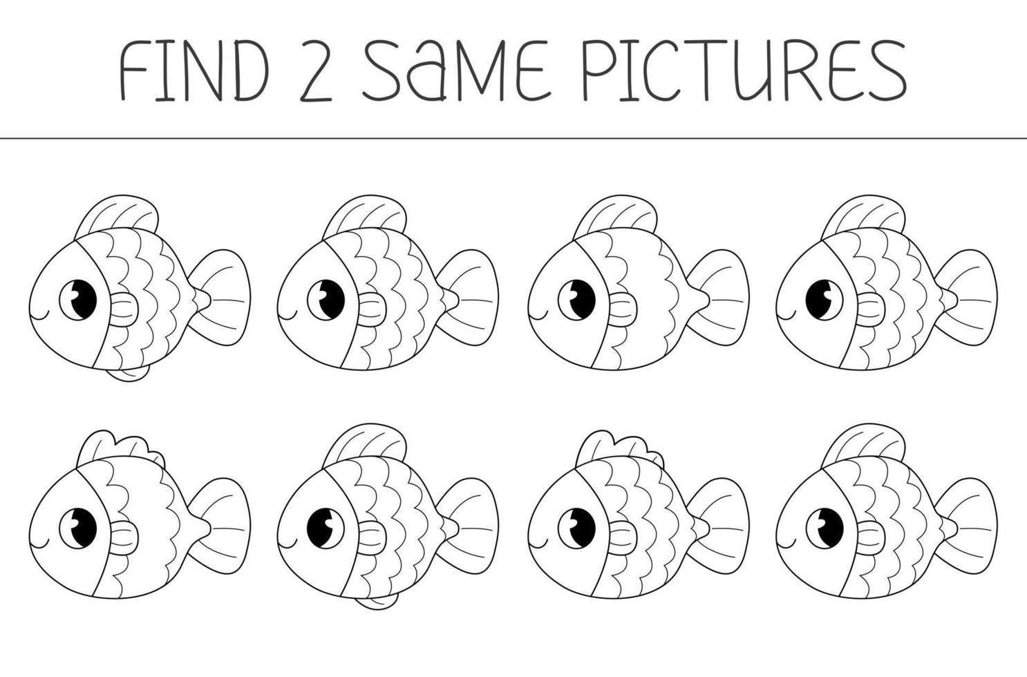 Find two some pictures is an educational game for kids with goldfish. Cute fish coloring book vector